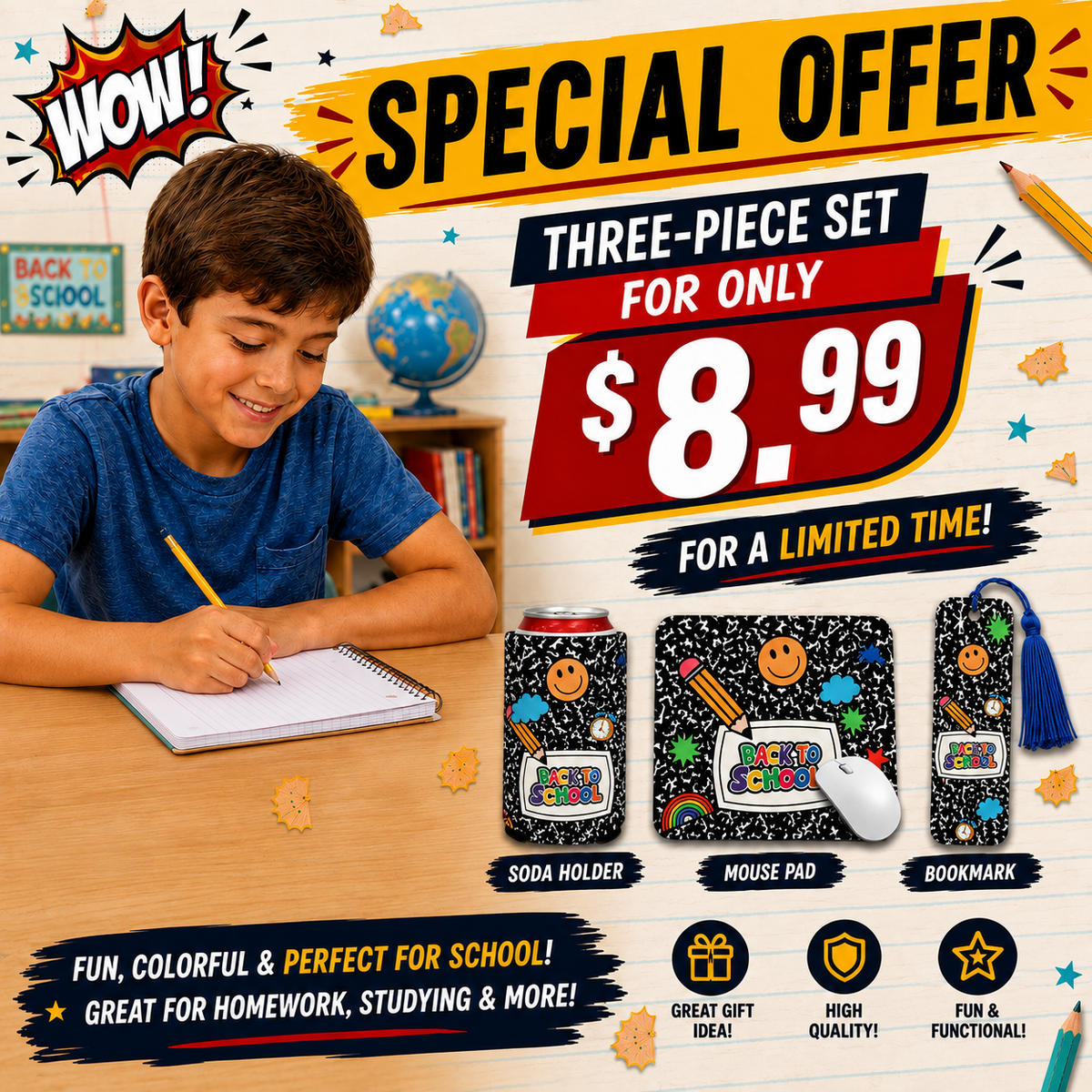 Back to School 3-Piece Set | Soda Holder, Mouse Pad & Bookmark | $8.99 Special