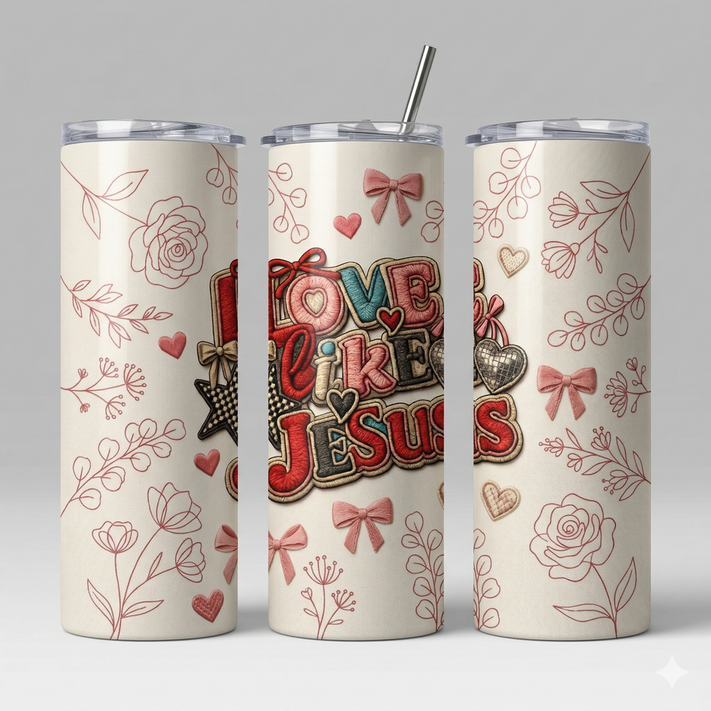 Tumbler 20oz Efecto Bordado - "Love Like Jesus" (Coquette Style)