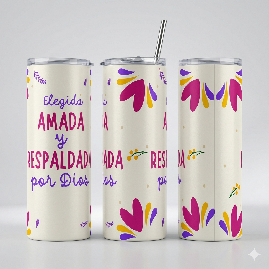 Tumbler 20oz - "Elegida, Amada y Respaldada por Dios"