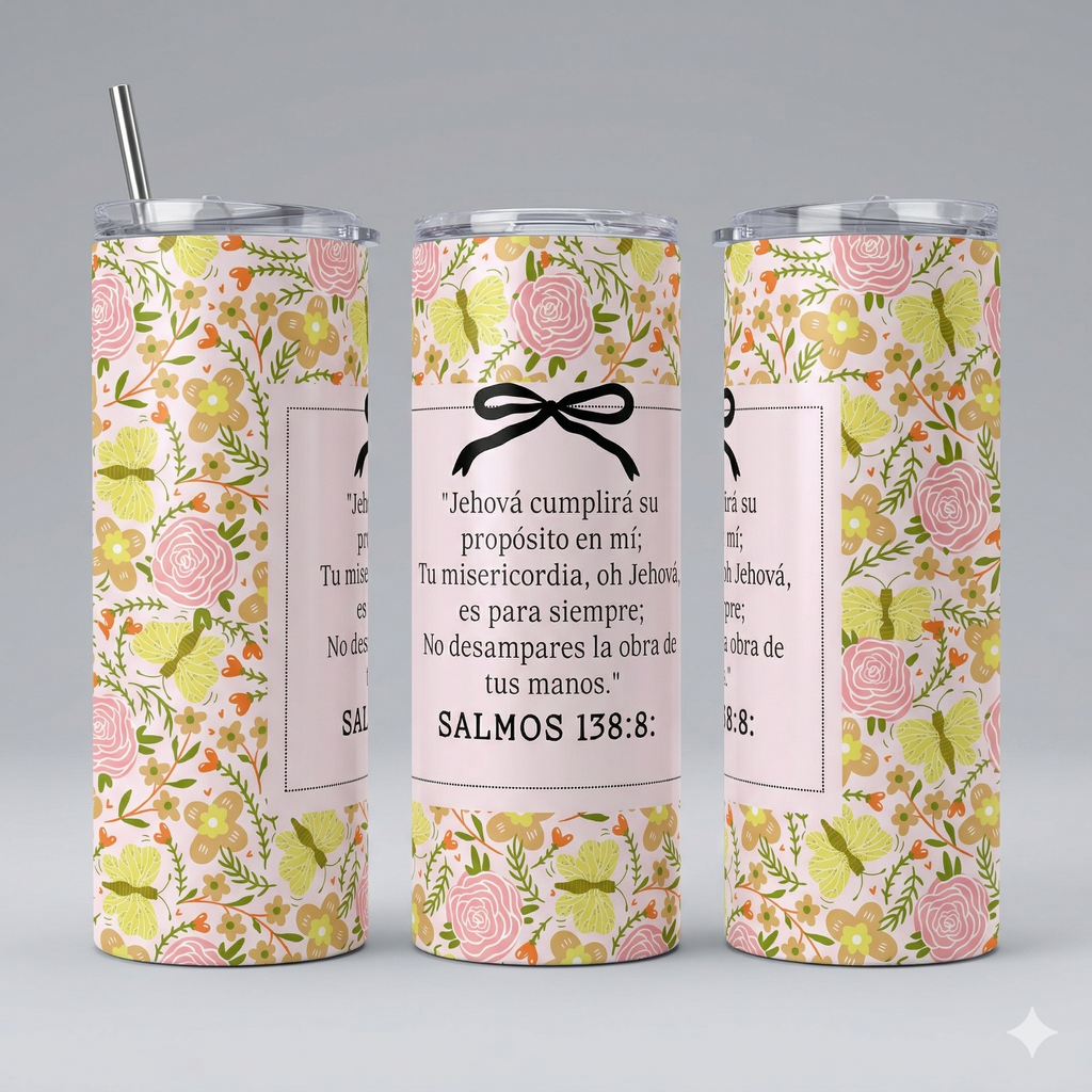 Tumbler 20oz Floral Coquette - "Jehová cumplirá su propósito" (Salmos 138:8)
