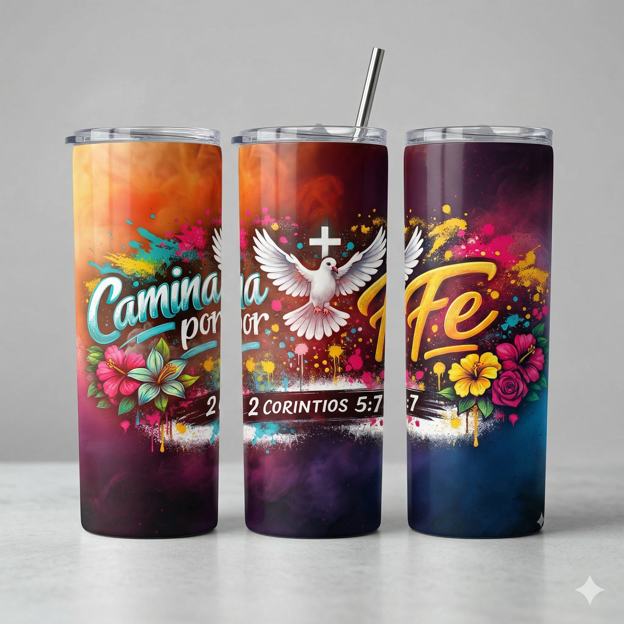 Tumbler 20oz Explosión de Colores - "Camina por Fe" (2 Corintios 5:7)