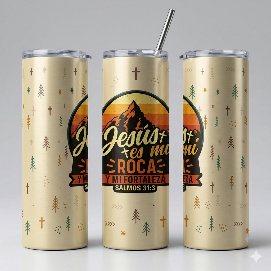Tumbler 20oz Dorado Retro - "Jesús es mi Roca" (Salmos 31:3)