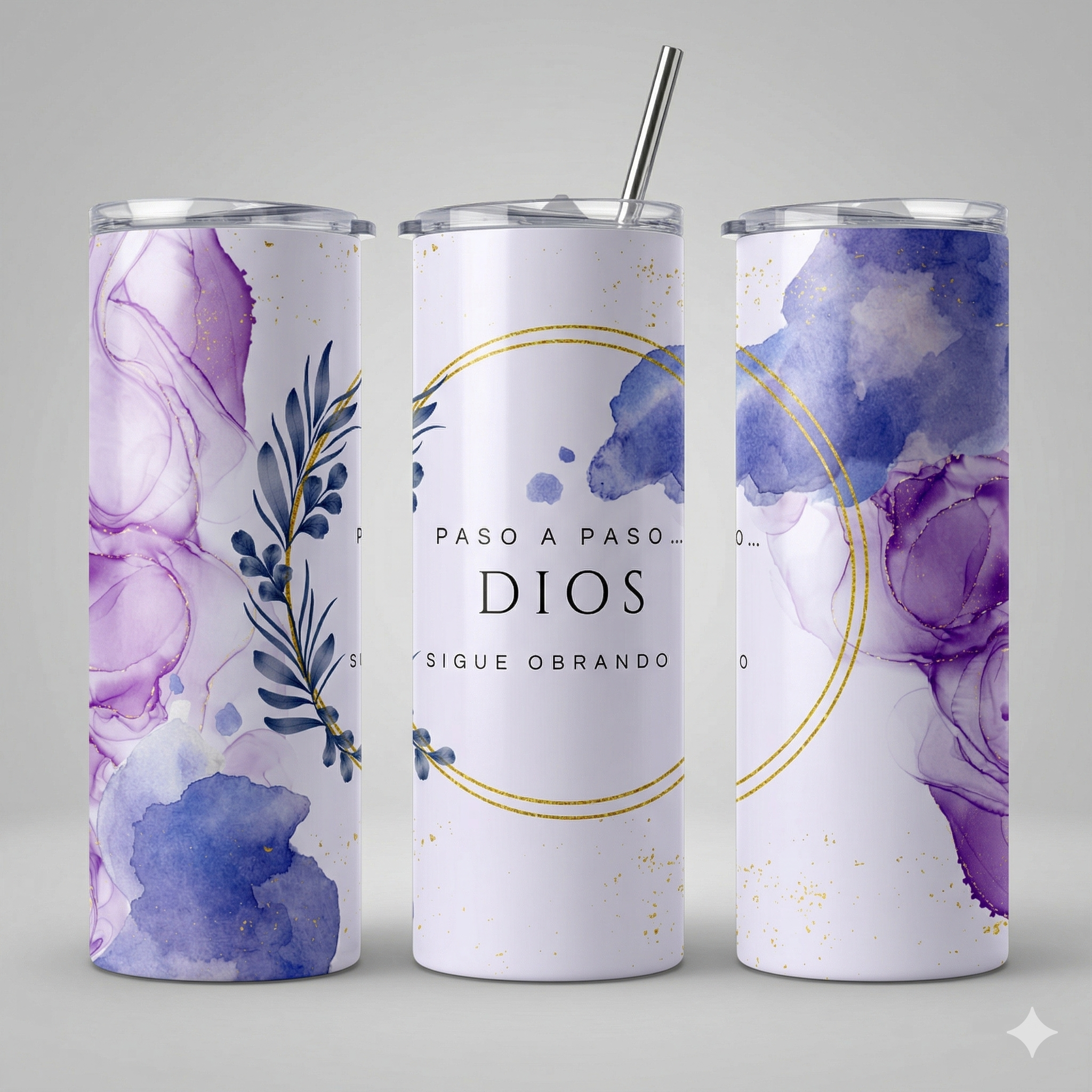 Tumbler 20oz Mármol Acuarela - "Paso a Paso... Dios Sigue Obrando"