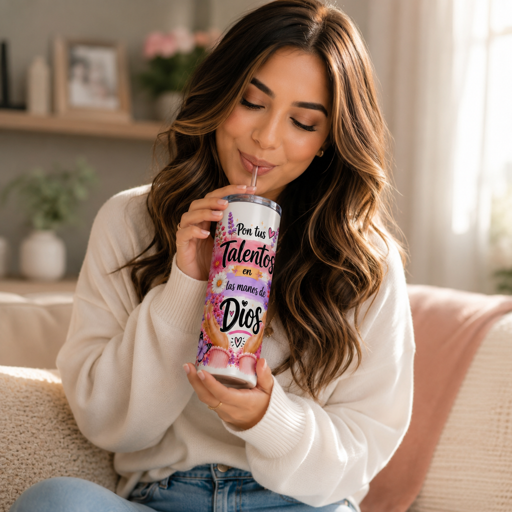 Pon Tus Talentos en las Manos de Dios | Vaso Skinny de 20 oz | Diseño Floral Cristiano | Regalo Inspiracional