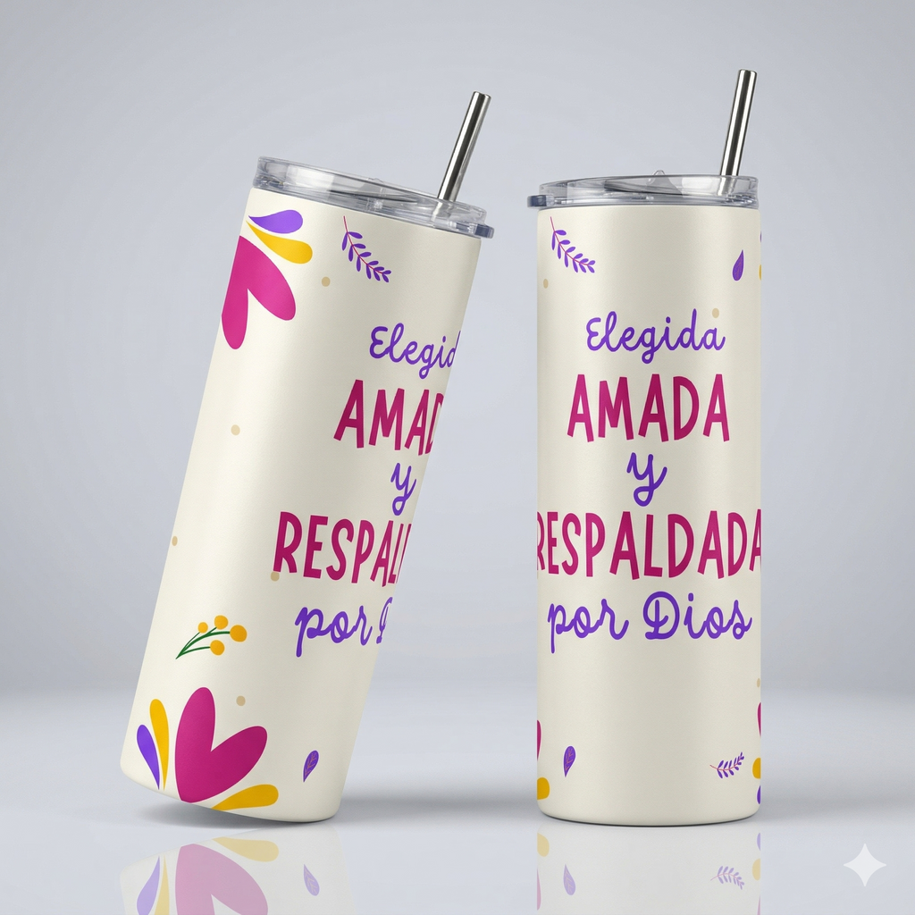 Tumbler 20oz - "Elegida, Amada y Respaldada por Dios"