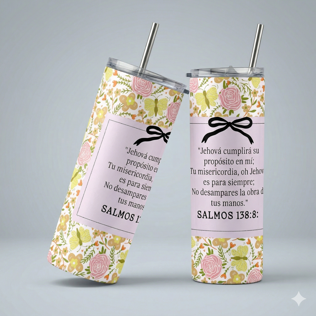 Tumbler 20oz Floral Coquette - "Jehová cumplirá su propósito" (Salmos 138:8)