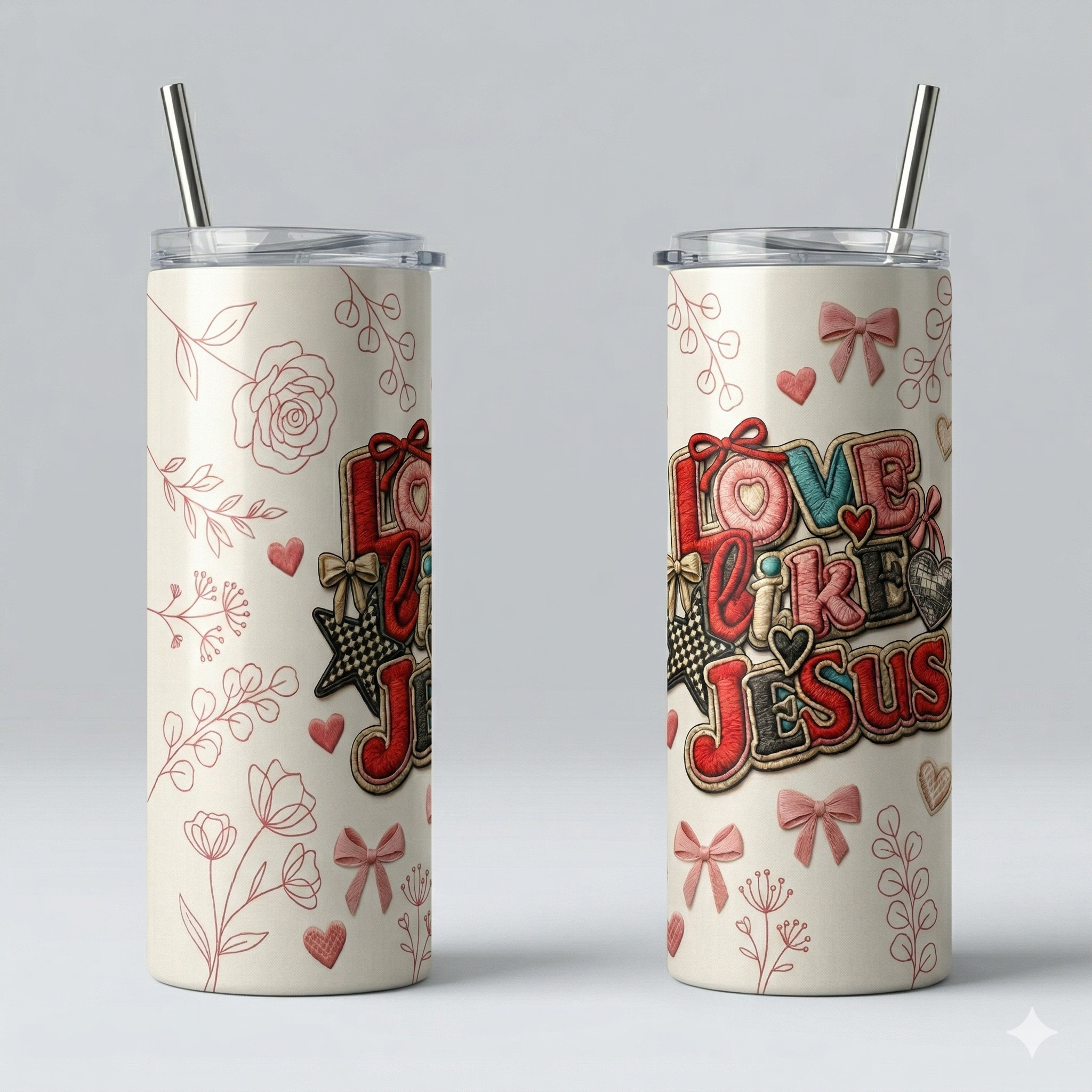 Tumbler 20oz Efecto Bordado - "Love Like Jesus" (Coquette Style)