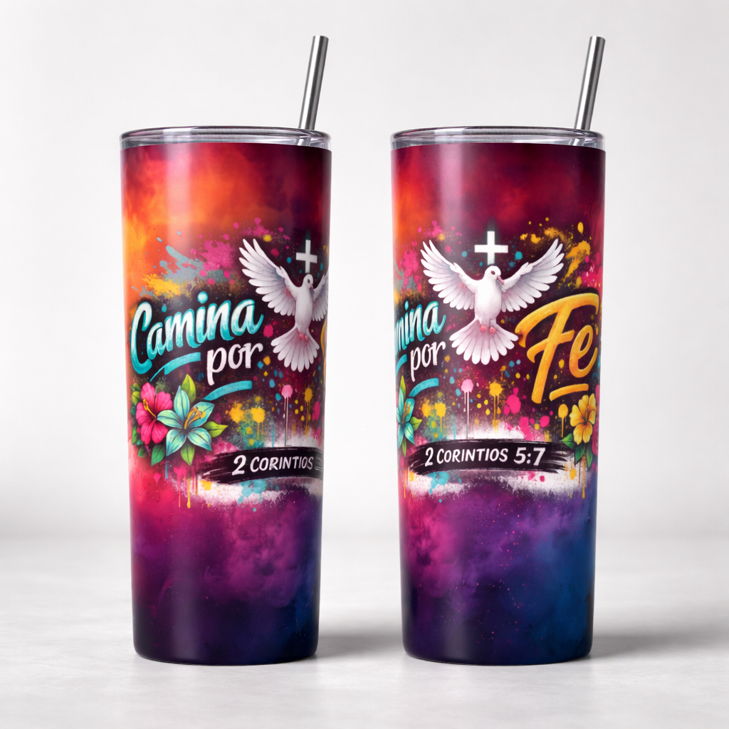 Tumbler 20oz Explosión de Colores - "Camina por Fe" (2 Corintios 5:7)