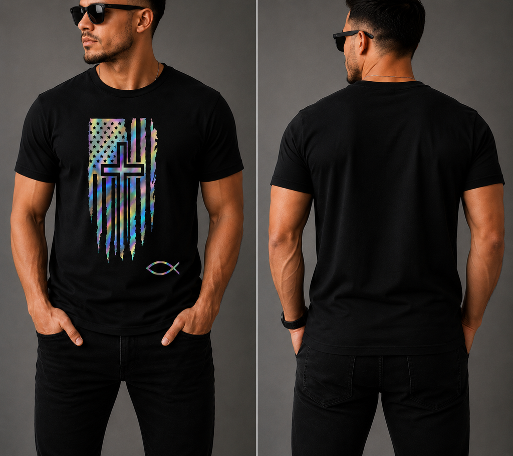 Holographic Christian Cross Flag T-Shirt | Faith-Based Unisex Black Graphic Tee | Jesus Fish Christian Shirt