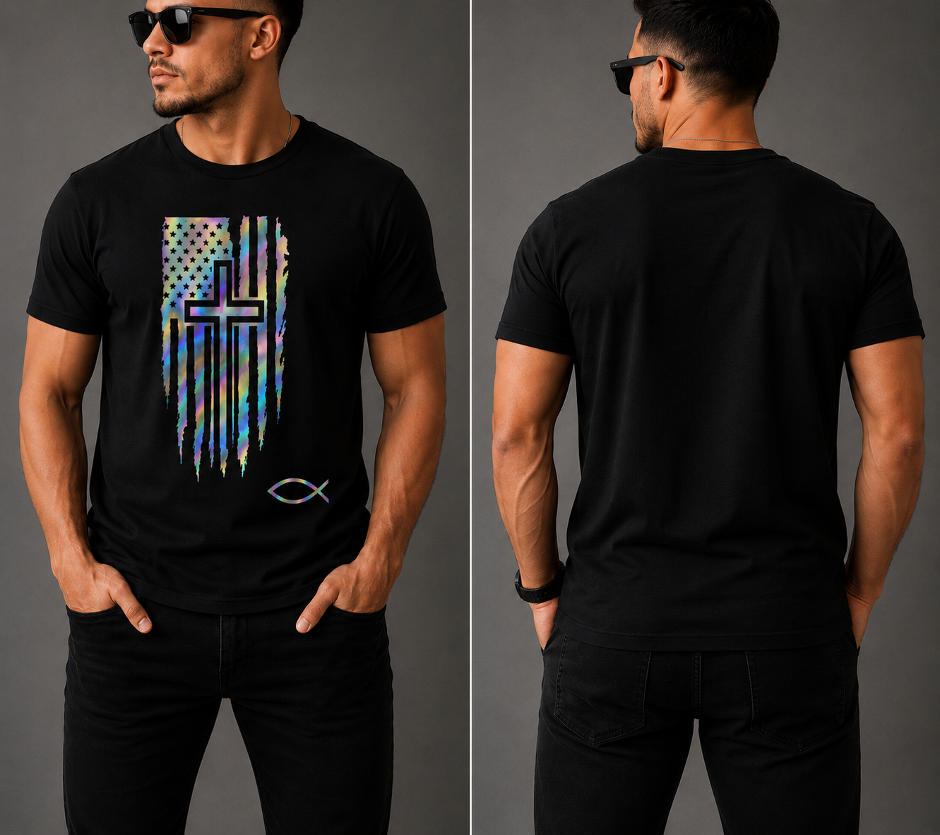 Holographic Christian Cross Flag T-Shirt | Faith-Based Unisex Black Graphic Tee | Jesus Fish Christian Shirt