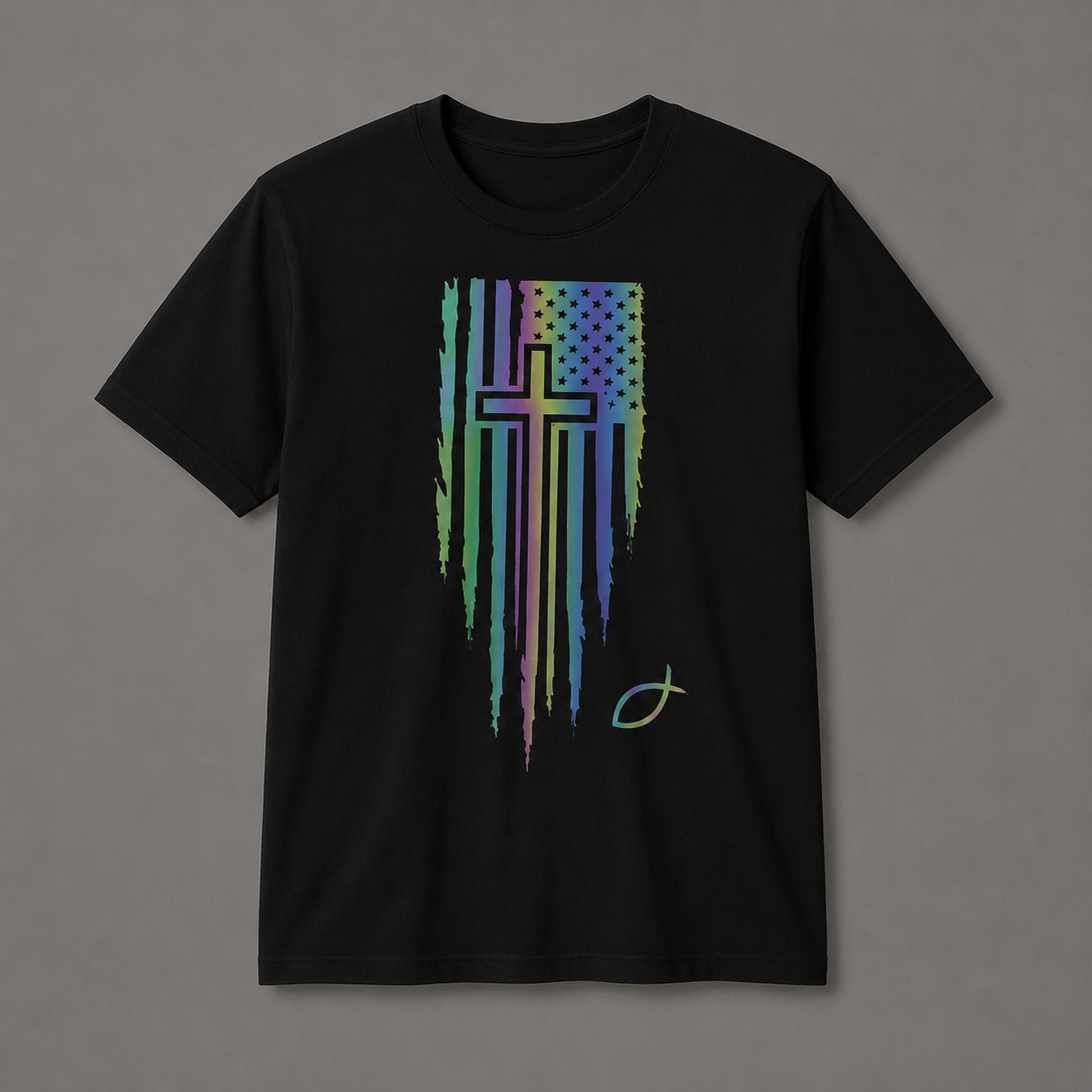 Holographic Christian Cross Flag T-Shirt | Faith-Based Unisex Black Graphic Tee | Jesus Fish Christian Shirt