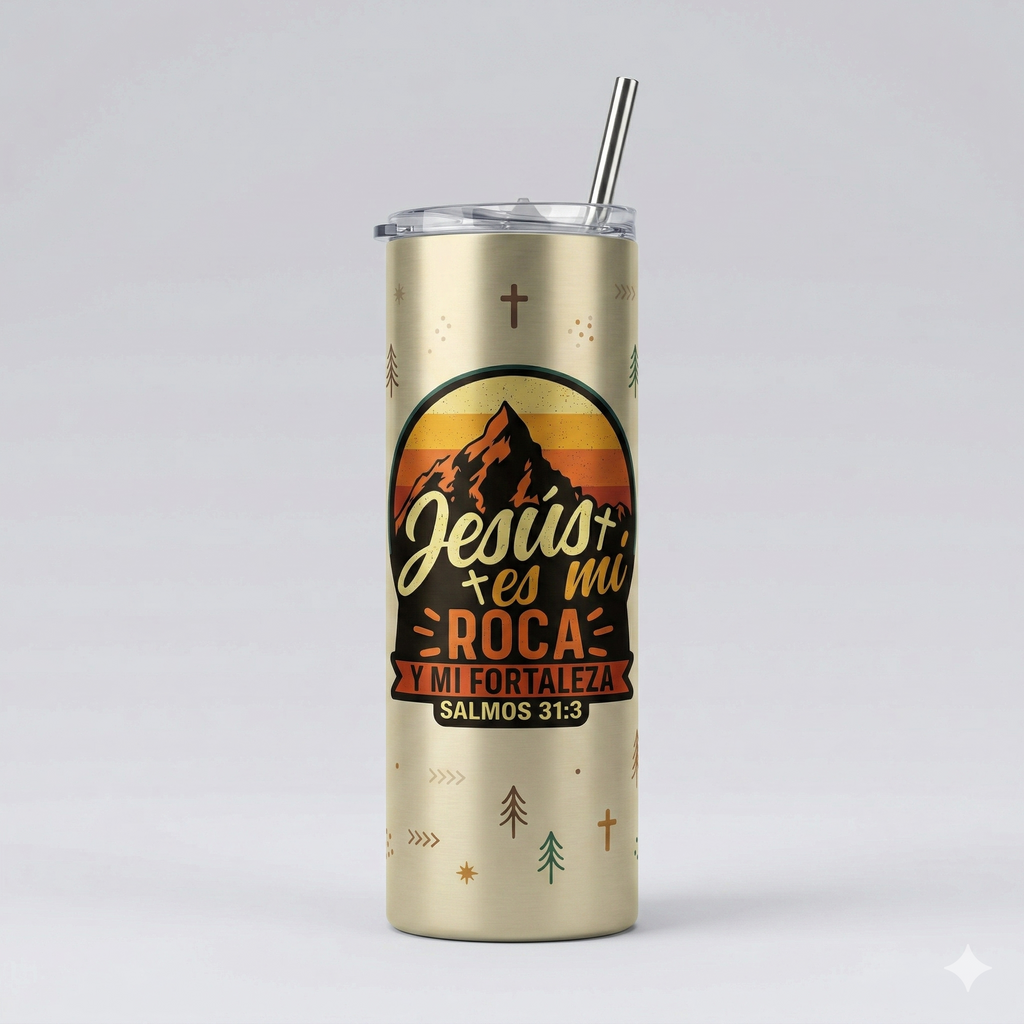 Tumbler 20oz Dorado Retro - "Jesús es mi Roca" (Salmos 31:3)