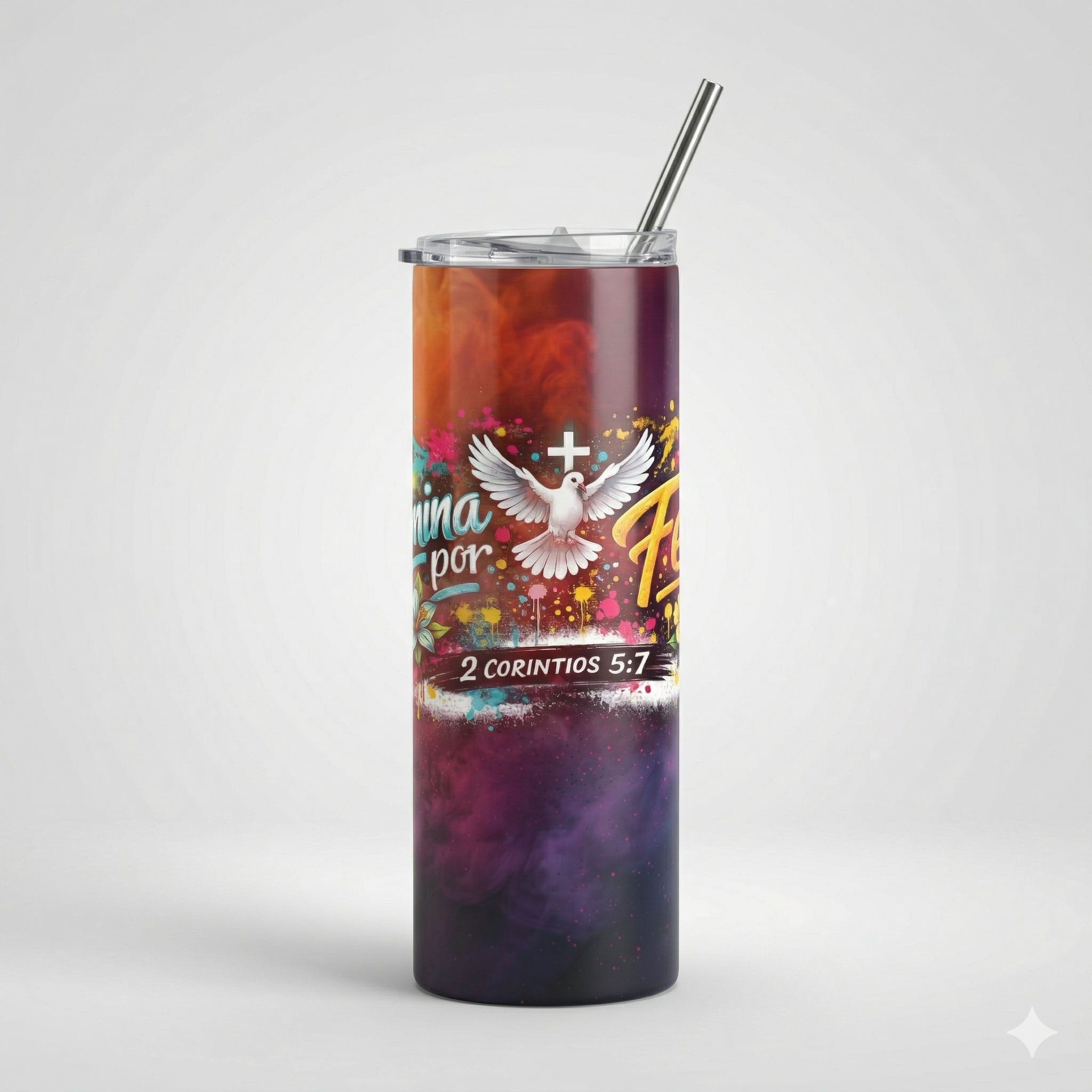 Tumbler 20oz Explosión de Colores - "Camina por Fe" (2 Corintios 5:7)