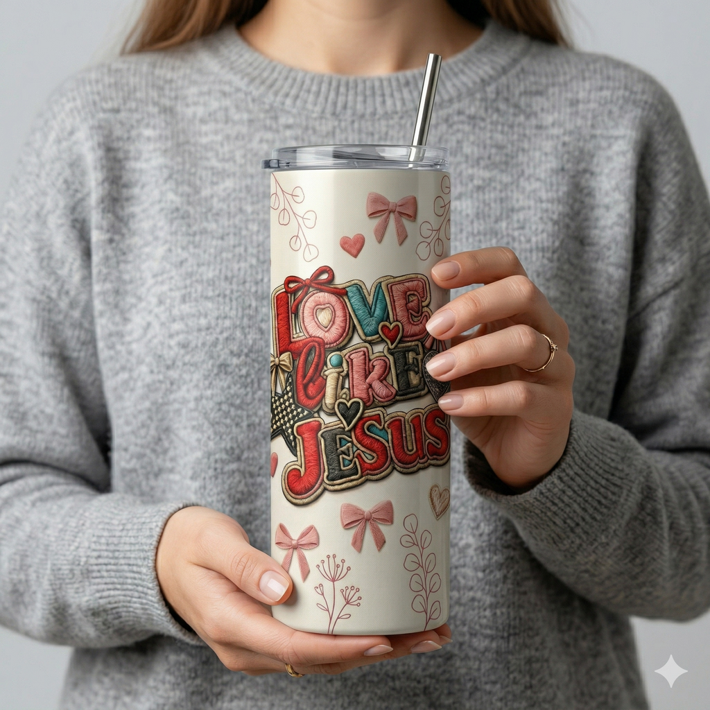 Tumbler 20oz Efecto Bordado - "Love Like Jesus" (Coquette Style)