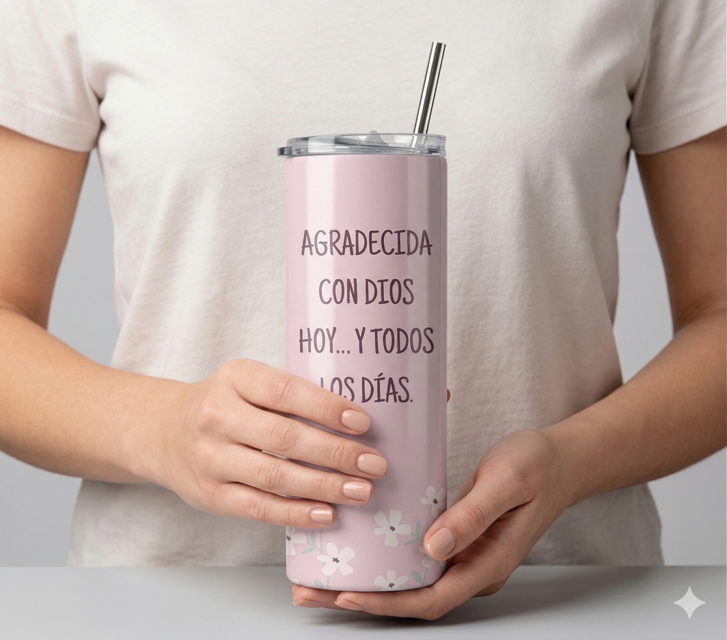 Tumbler Floral 20oz - "Agradecida con Dios"