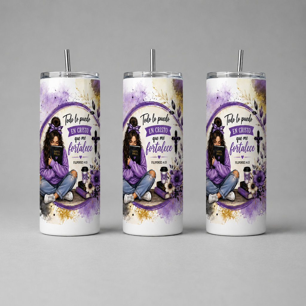 Todo lo Puedo en Cristo que me Fortalece – Filipenses 4:13 | Vaso Tumbler Skinny de 20 oz con Tapa y Popote