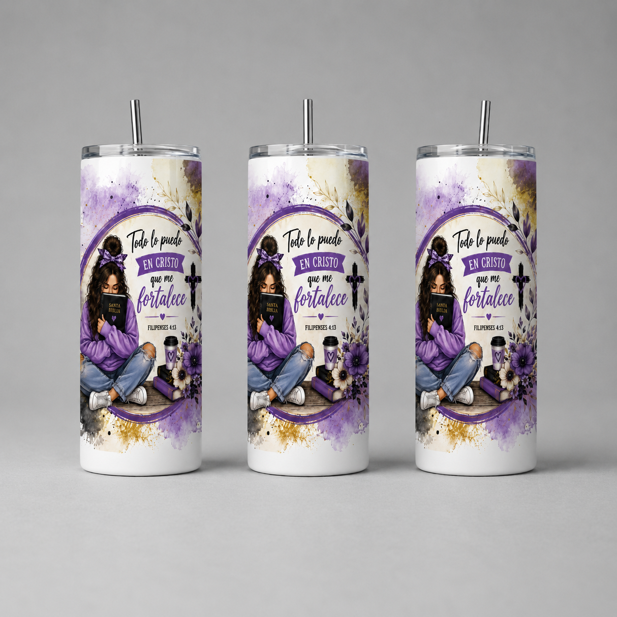 Todo lo Puedo en Cristo que me Fortalece – Filipenses 4:13 | Vaso Tumbler Skinny de 20 oz con Tapa y Popote