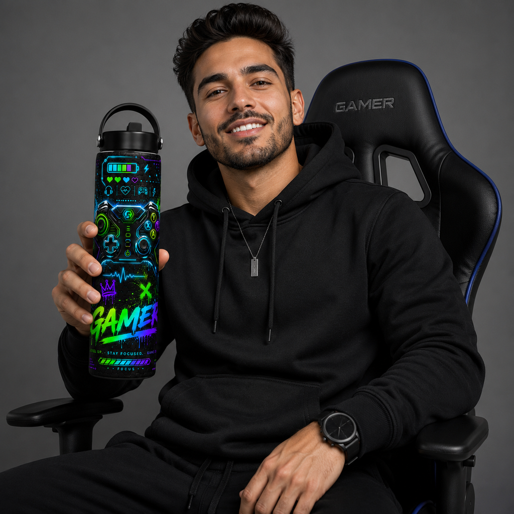 20 oz Gamer Neon Skinny Tumbler | Cyber Gaming Stainless Steel Water Bottle | Gift for Gamers