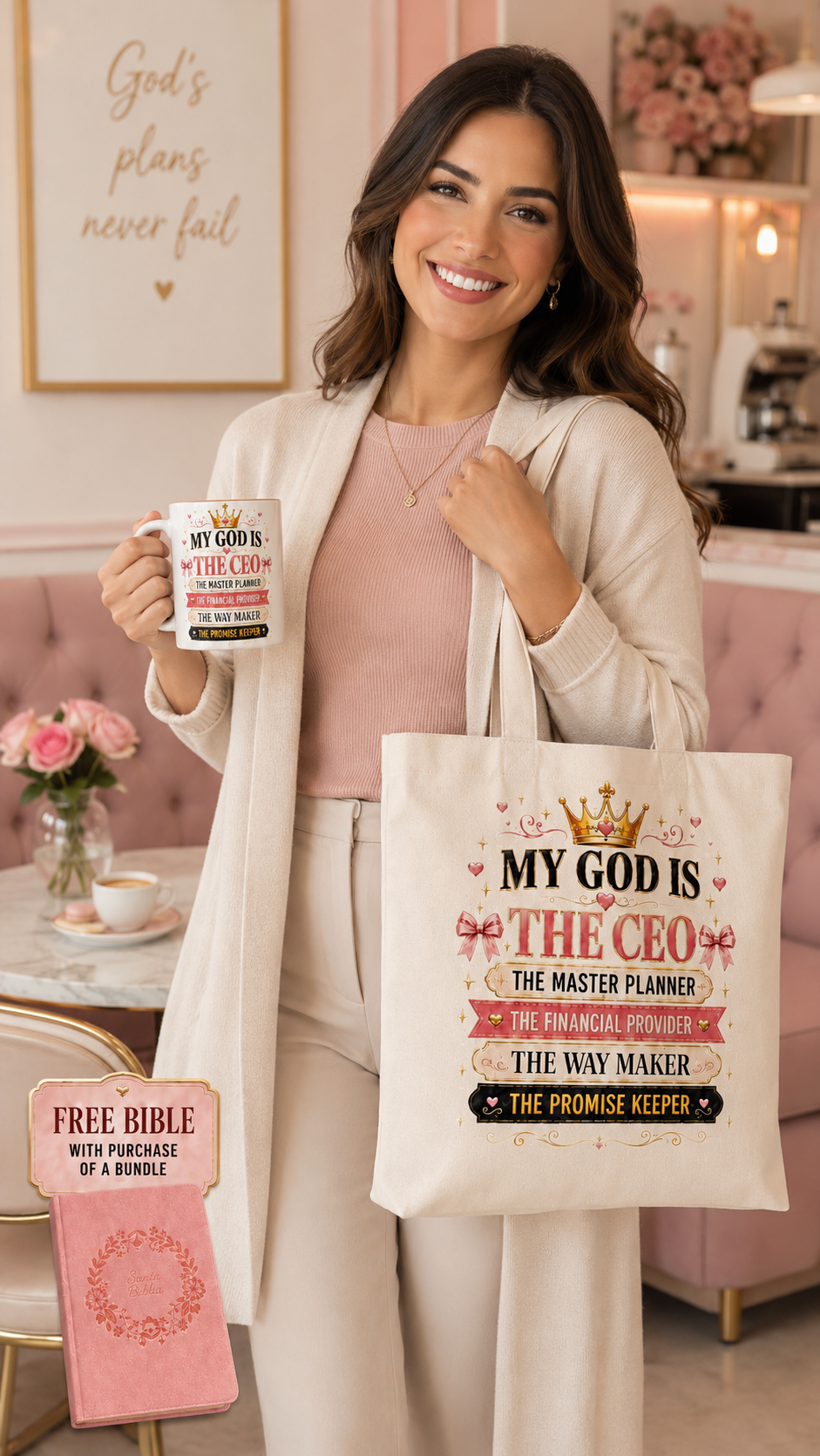My God Is the CEO Christian Gift Bundle | Tote Bag, 11 oz Mug, Bookmark & Free Bible