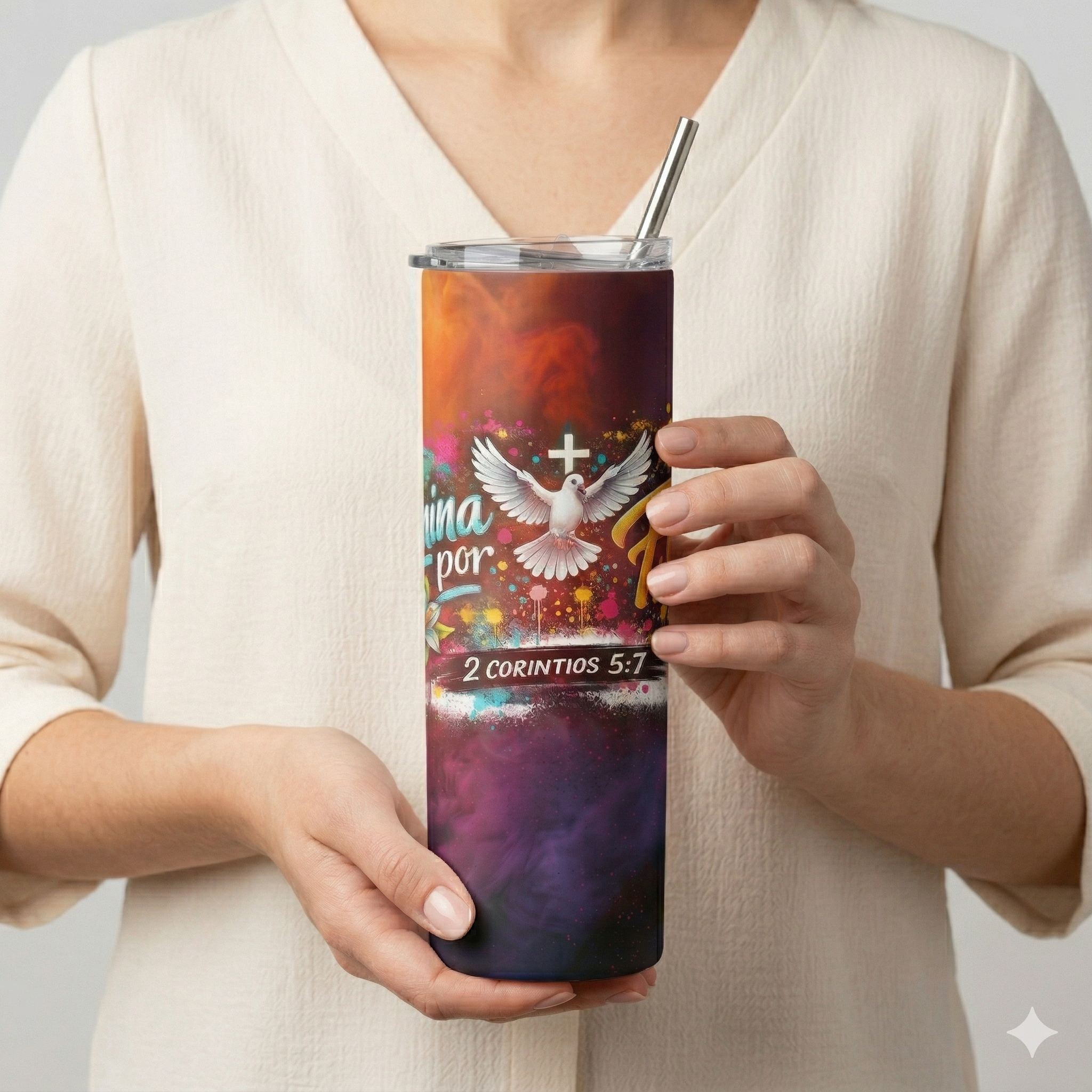 Tumbler 20oz Explosión de Colores - "Camina por Fe" (2 Corintios 5:7)