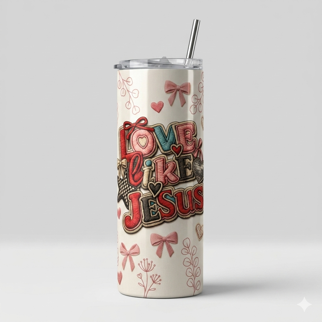 Tumbler 20oz Efecto Bordado - "Love Like Jesus" (Coquette Style)