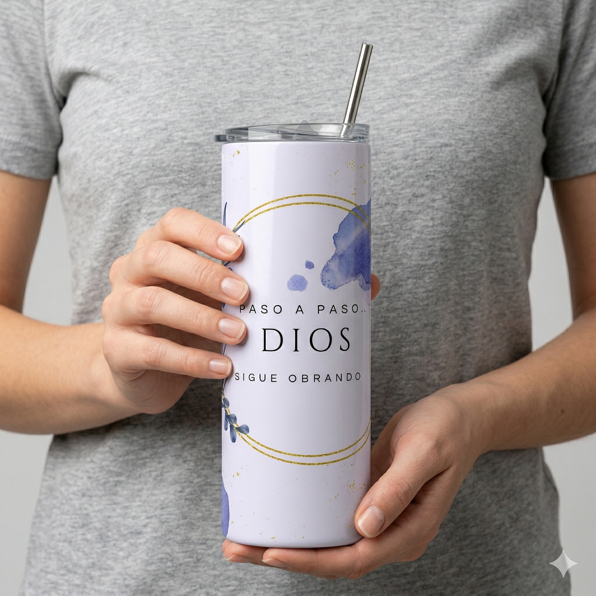 Tumbler 20oz Mármol Acuarela - "Paso a Paso... Dios Sigue Obrando"