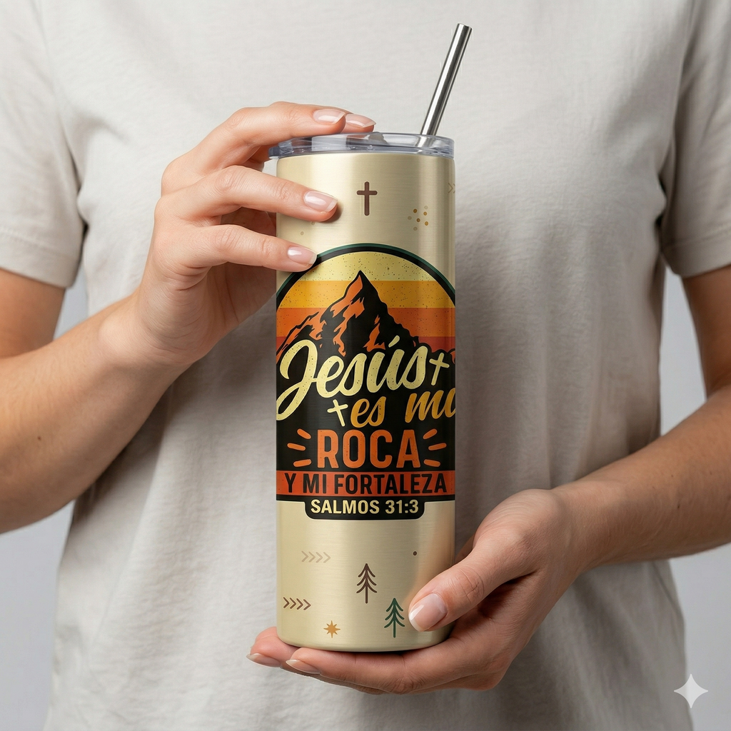 Tumbler 20oz Dorado Retro - "Jesús es mi Roca" (Salmos 31:3)