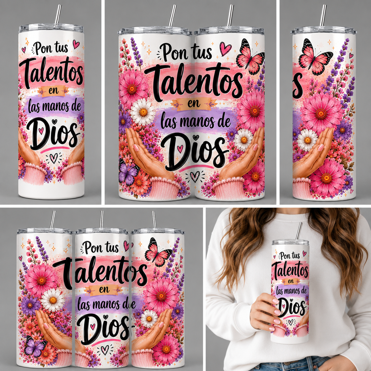 Pon Tus Talentos en las Manos de Dios | Vaso Skinny de 20 oz | Diseño Floral Cristiano | Regalo Inspiracional