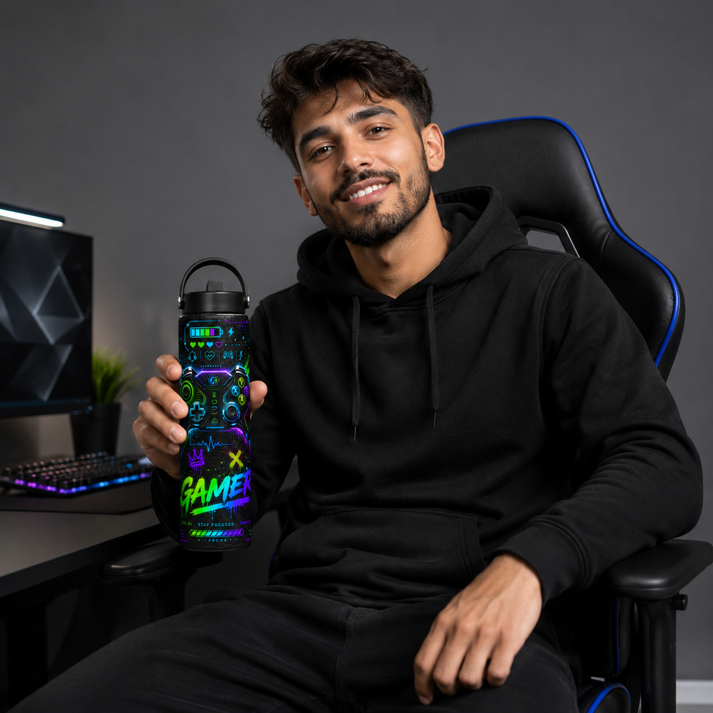 20 oz Gamer Neon Skinny Tumbler | Cyber Gaming Stainless Steel Water Bottle | Gift for Gamers