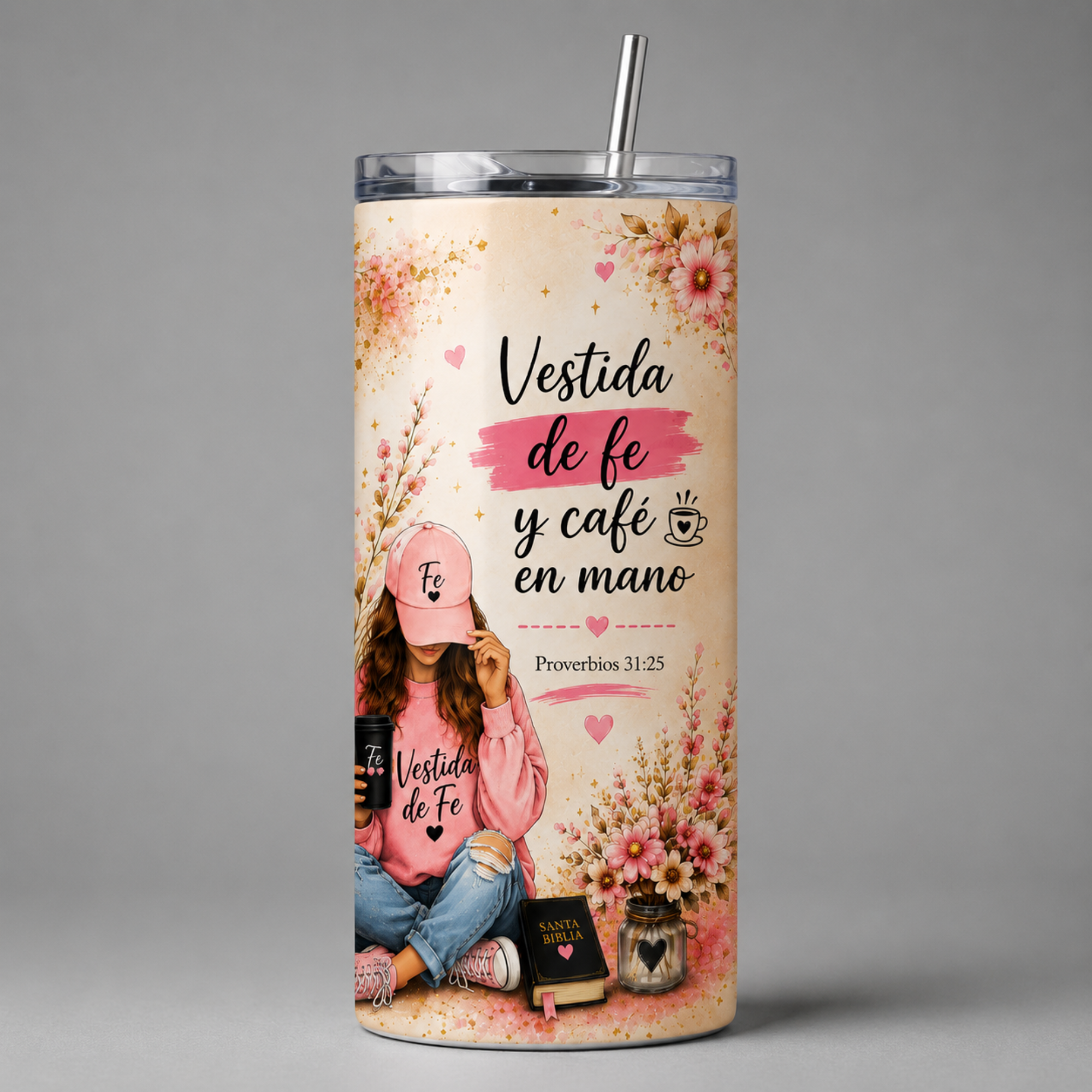Vestida de Fe y Café en Mano | 20oz Christian Tumbler | Floral Faith Coffee Skinny Tumbler
