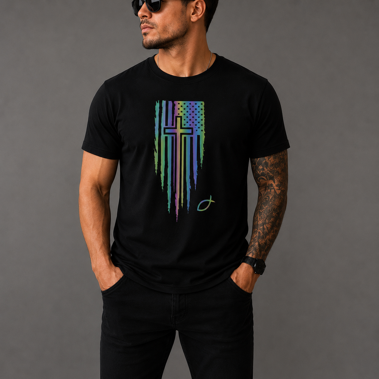 Holographic Christian Cross Flag T-Shirt | Faith-Based Unisex Black Graphic Tee | Jesus Fish Christian Shirt