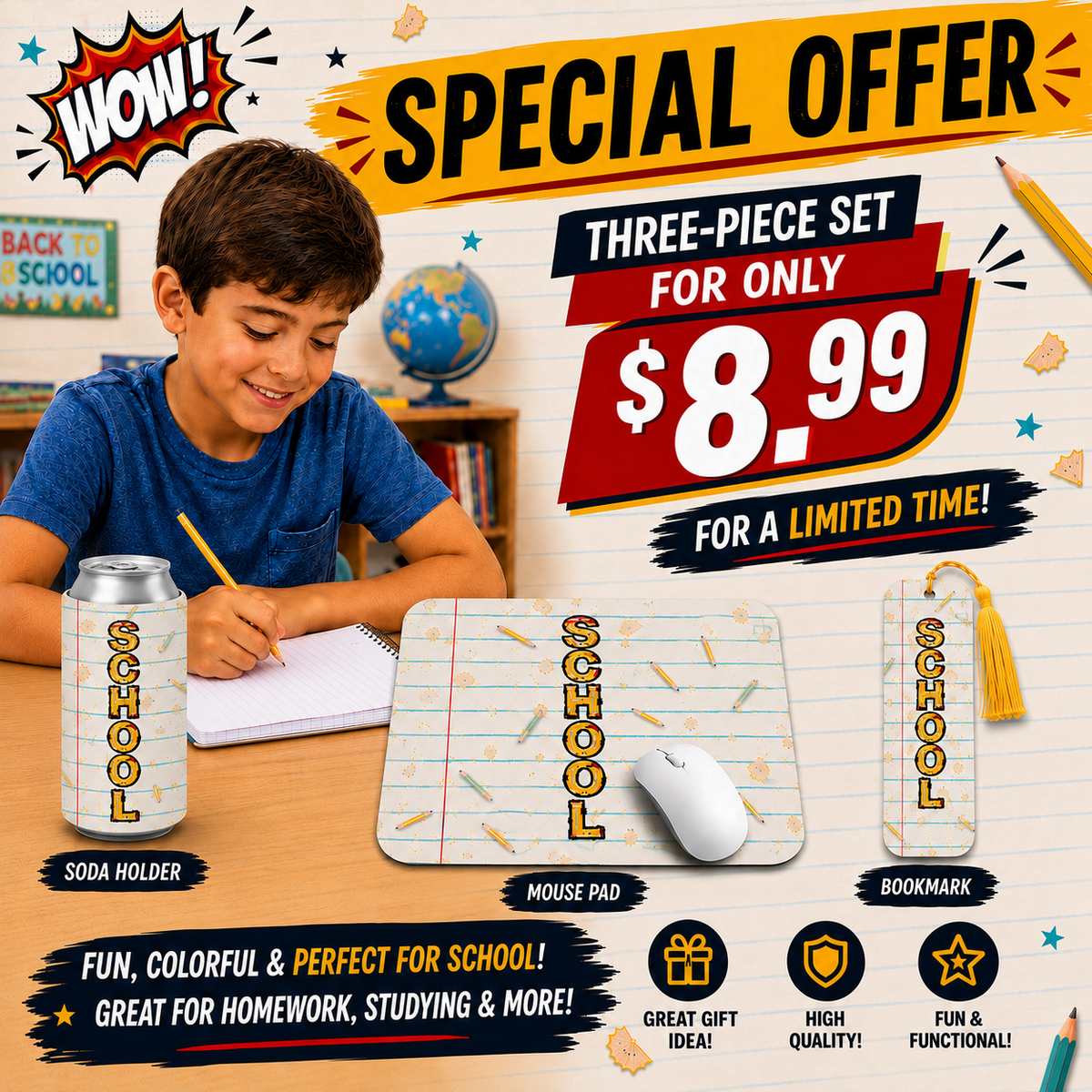 Back to School 3-Piece Set | Soda Holder, Mouse Pad & Bookmark | $8.99 Special