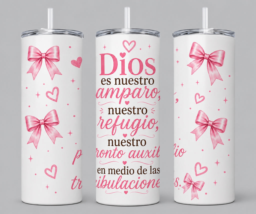 Vaso Térmico Cristiano de 20 oz | Dios es Nuestro Amparo, Nuestro Refugio | Diseño Elegante con Lazos Rosados | Regalo para Muje