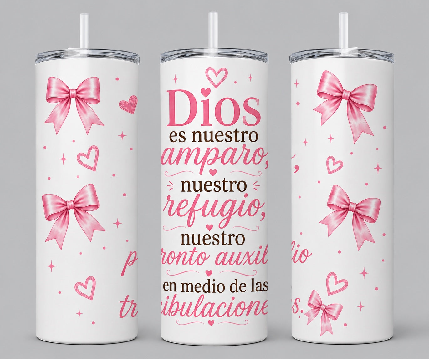 Vaso Térmico Cristiano de 20 oz | Dios es Nuestro Amparo, Nuestro Refugio | Diseño Elegante con Lazos Rosados | Regalo para Muje