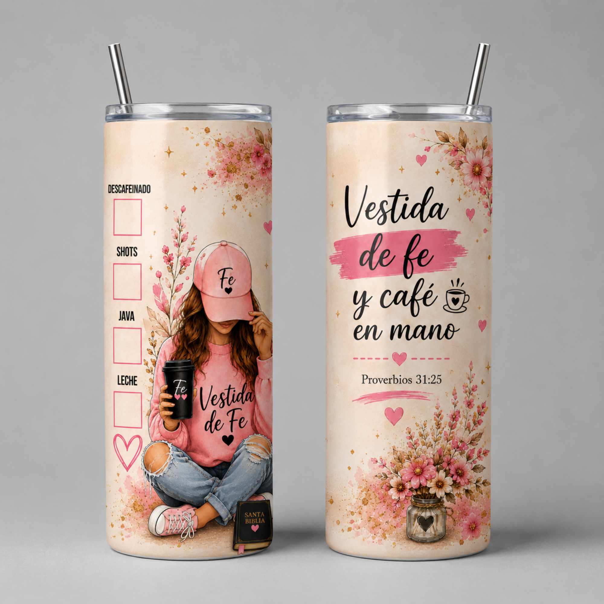 Vestida de Fe y Café en Mano | 20oz Christian Tumbler | Floral Faith Coffee Skinny Tumbler