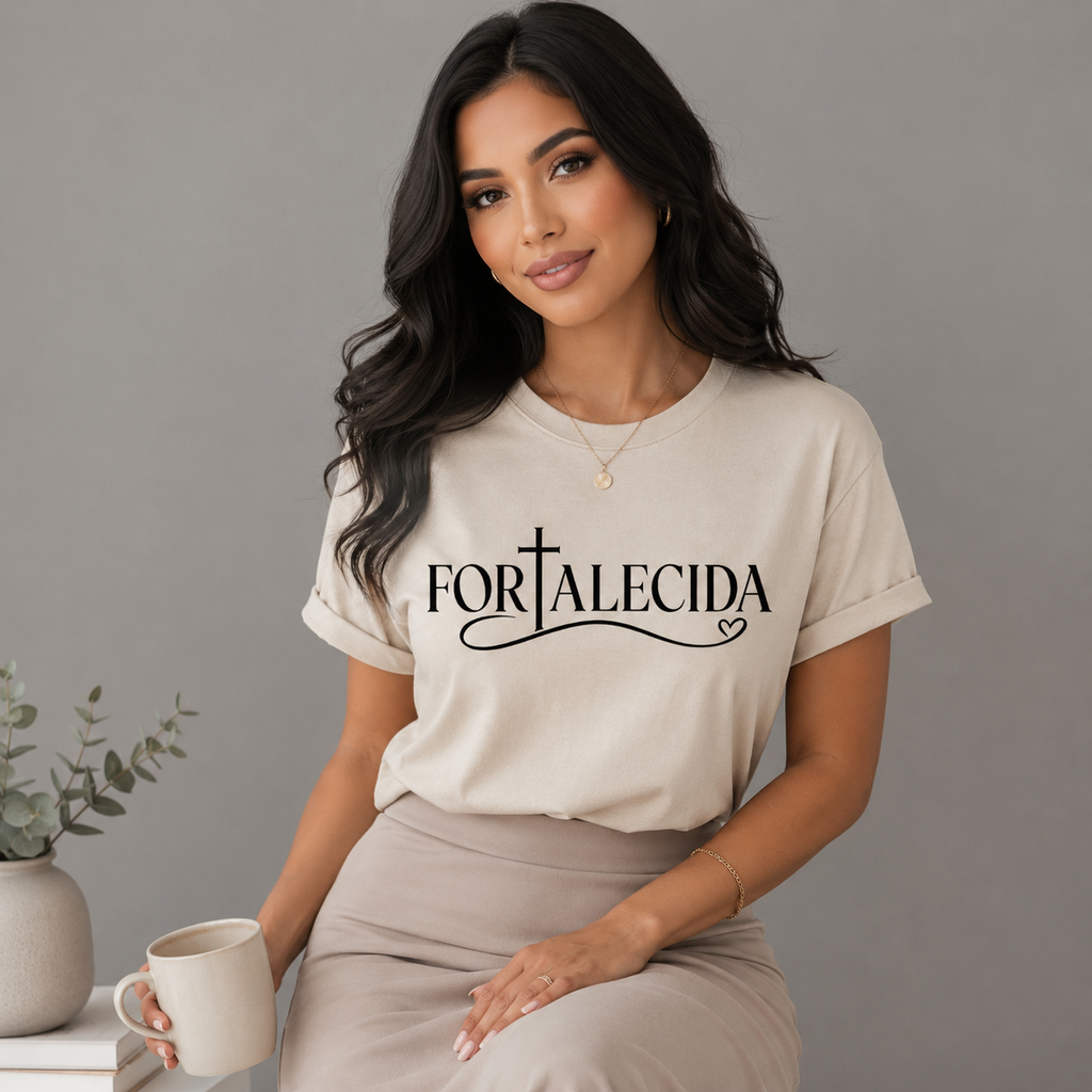 Camiseta Cristiana FORTALECIDA para Mujer | Camisa de Fe con Cruz | Ropa Cristiana Inspiradora