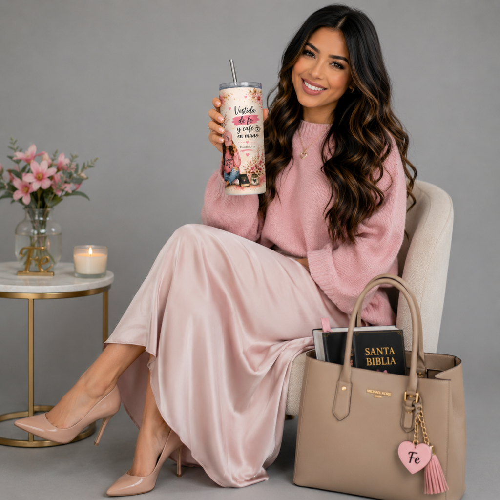 Vestida de Fe y Café en Mano | 20oz Christian Tumbler | Floral Faith Coffee Skinny Tumbler