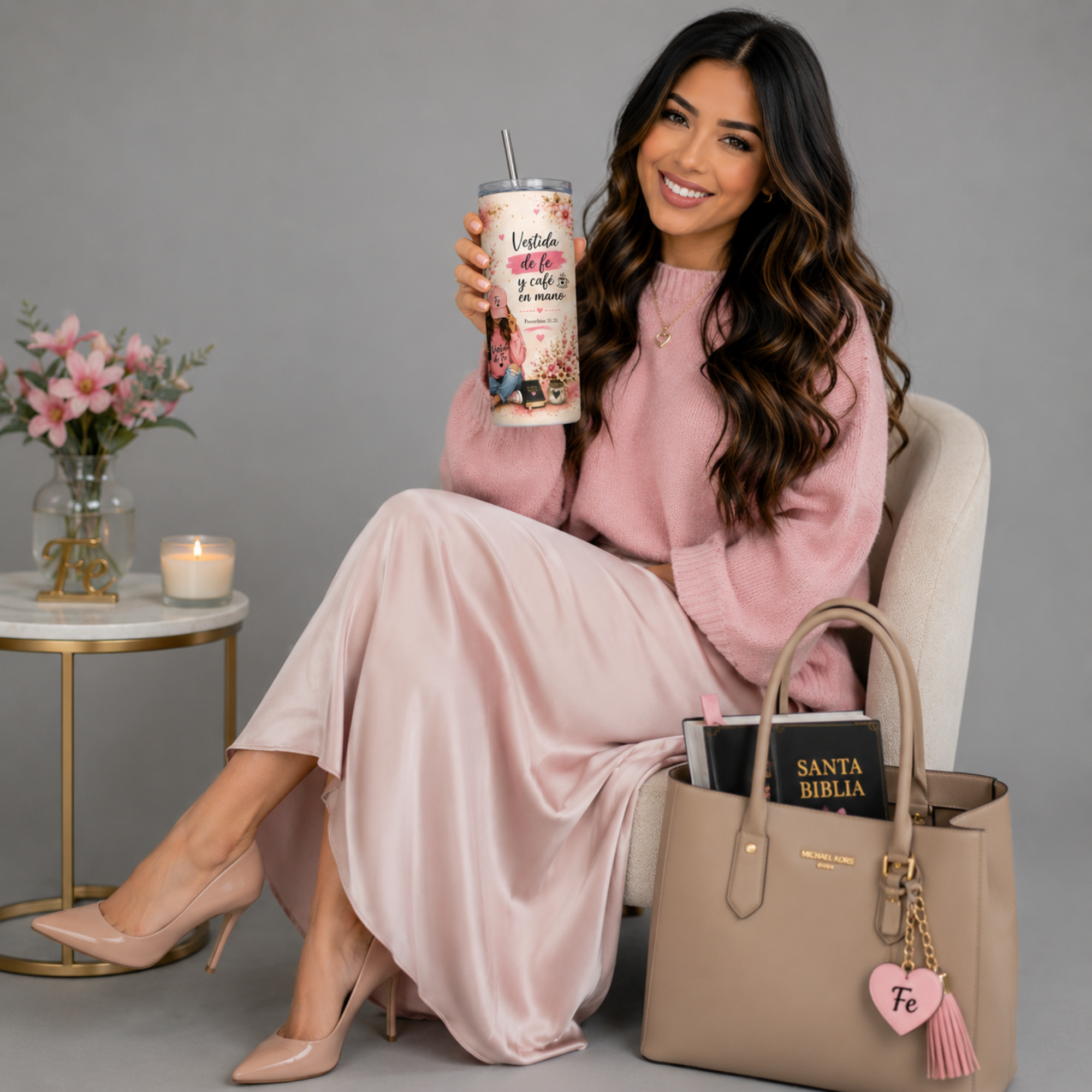 Vestida de Fe y Café en Mano | 20oz Christian Tumbler | Floral Faith Coffee Skinny Tumbler