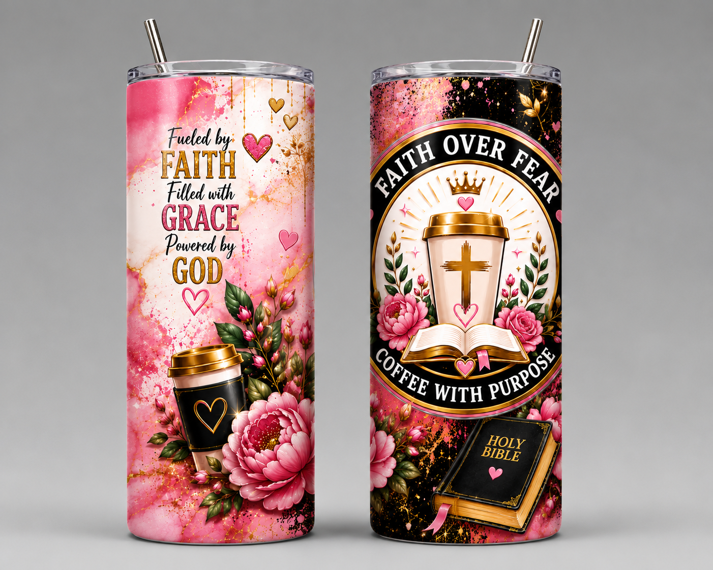 Faith Over Fear 20oz Skinny Tumbler | Christian Coffee Travel Mug | Bible Faith Gift for Women