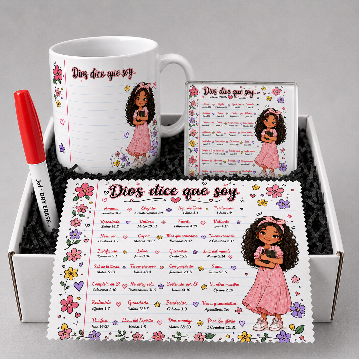 Dios Dice Que Soy Gift Set for Women | Christian Mug, Writing Coaster, Marker and Cleaning Cloth | Women’s Conference Gift