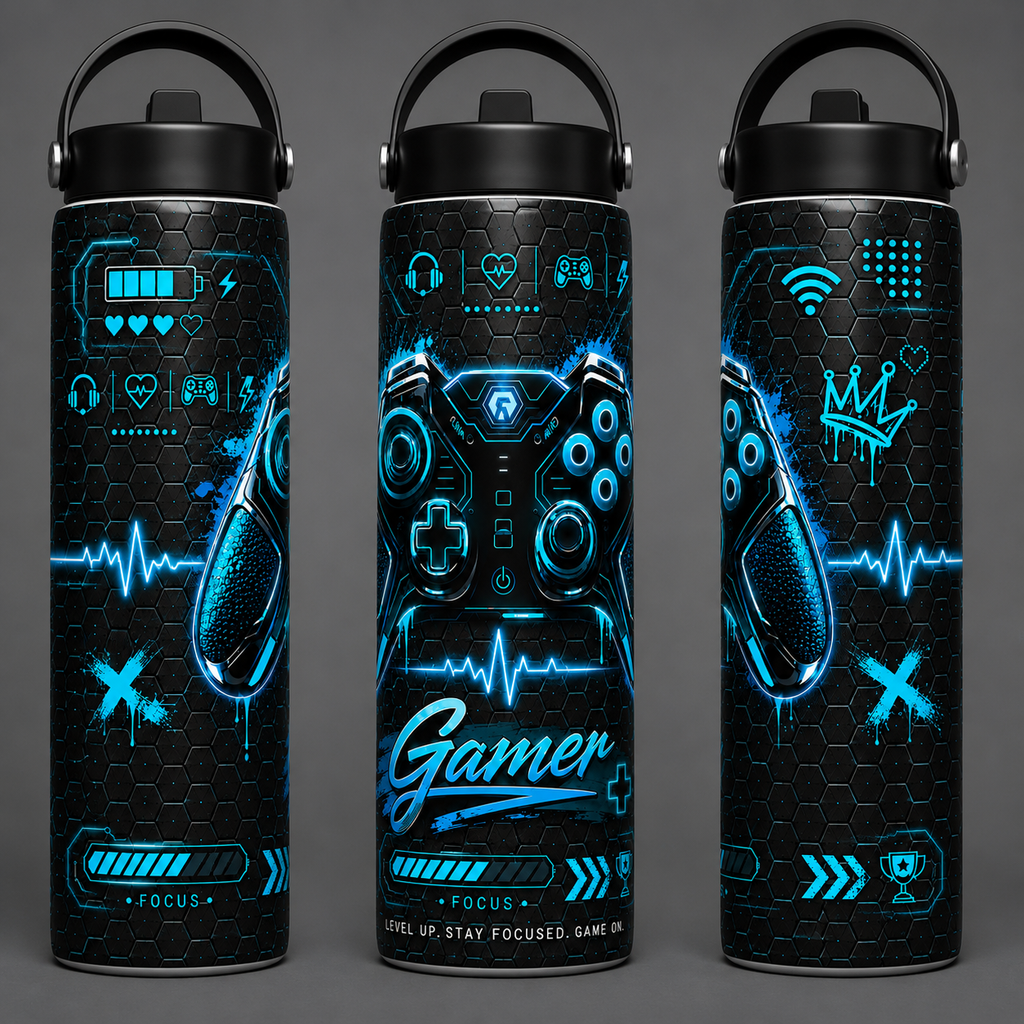 20 oz Gamer Neon Skinny Tumbler | Cyber Gaming Stainless Steel Water Bottle | Gift for Gamers