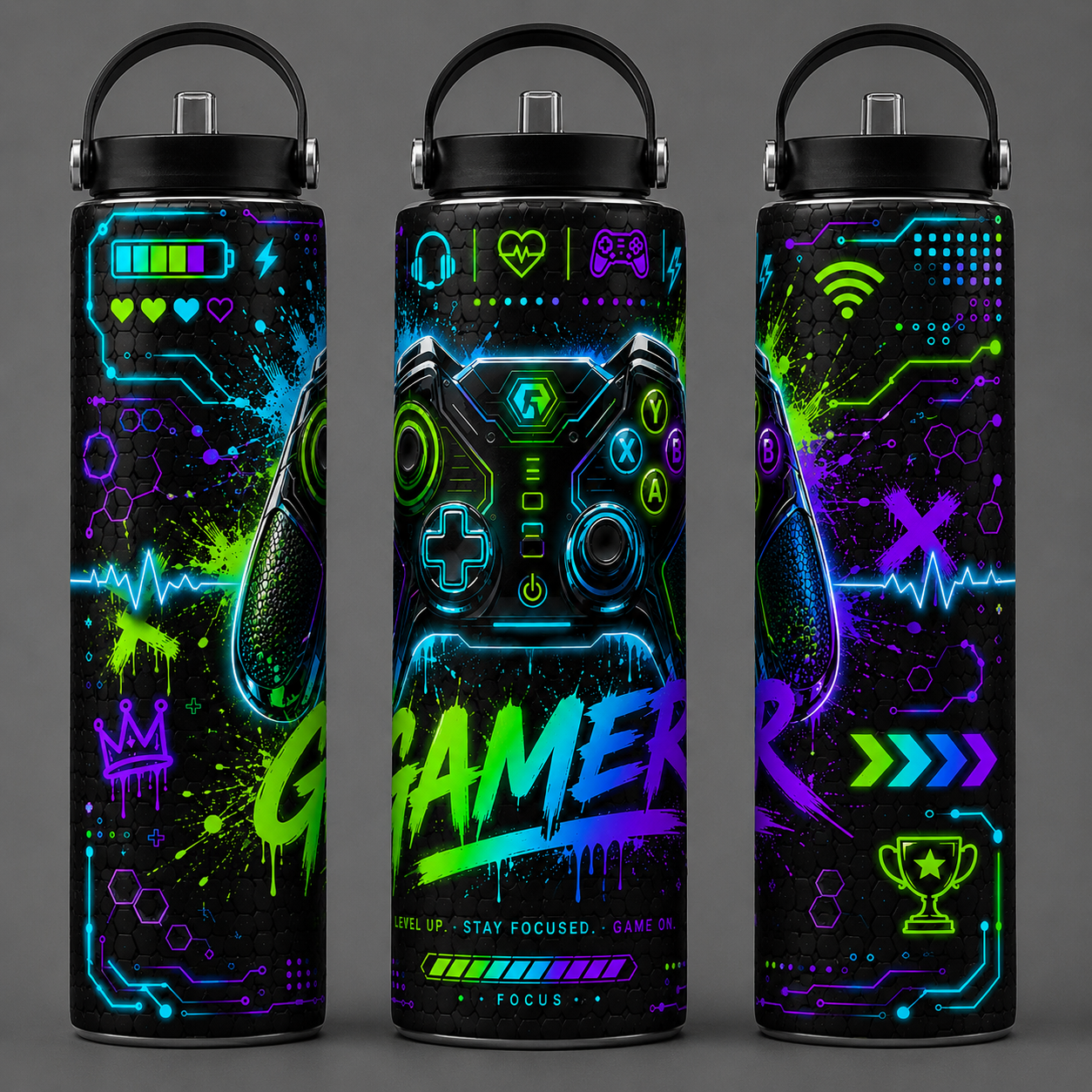 20 oz Gamer Neon Skinny Tumbler | Cyber Gaming Stainless Steel Water Bottle | Gift for Gamers