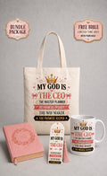 My God Is the CEO Christian Gift Bundle | Tote Bag, 11 oz Mug, Bookmark & Free Bible