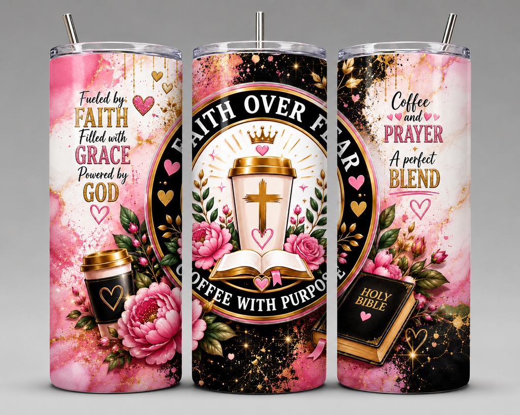 Faith Over Fear 20oz Skinny Tumbler | Christian Coffee Travel Mug | Bible Faith Gift for Women