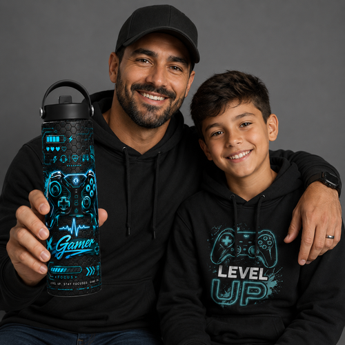 20 oz Gamer Neon Skinny Tumbler | Cyber Gaming Stainless Steel Water Bottle | Gift for Gamers