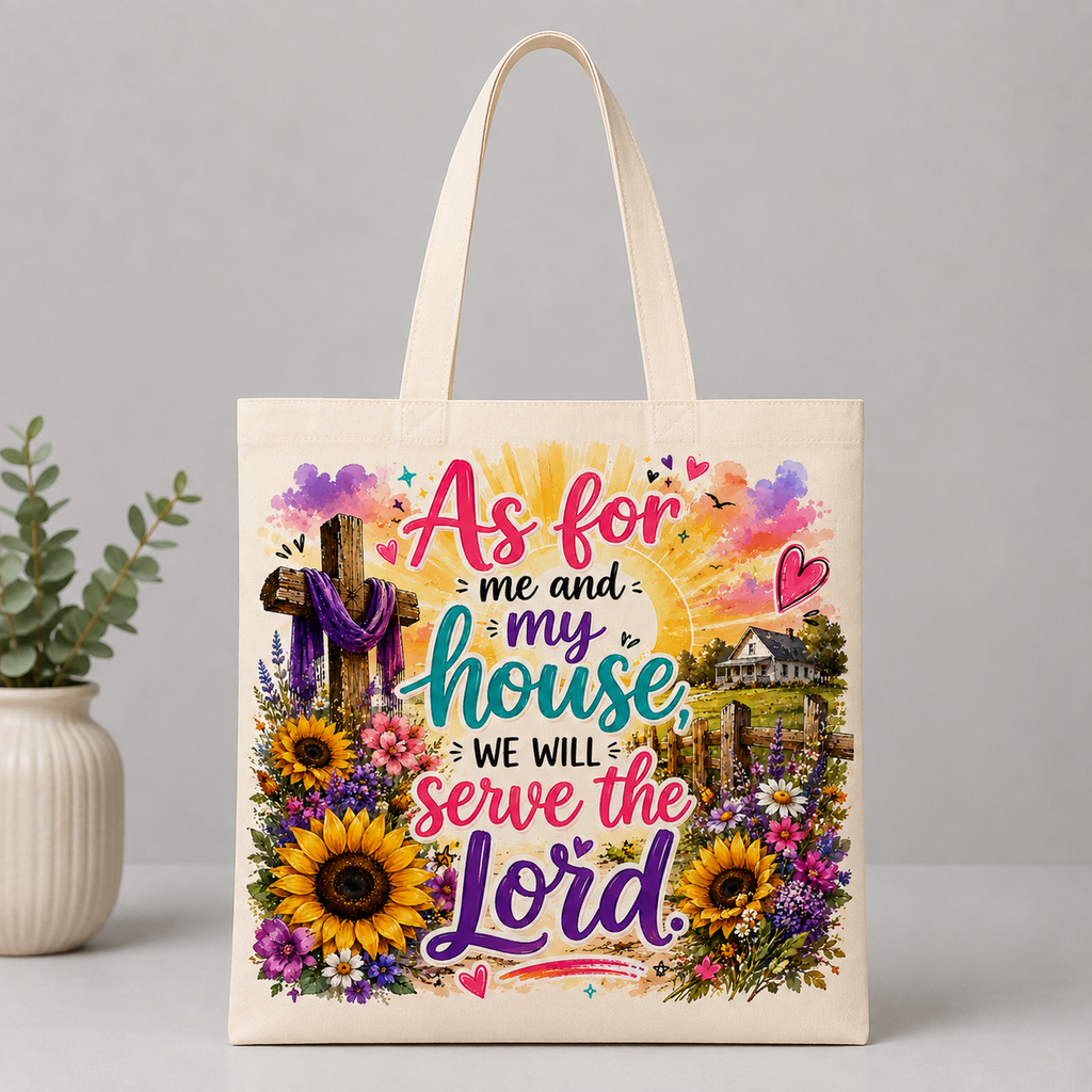 Bolso Tote Cristiano | “Yo y Mi Casa Serviremos al Señor” | Disponible en Español e Inglés | Bolsa de Lona Cristiana