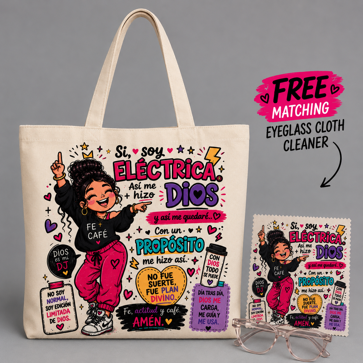 Bolsa Tote Cristiana “Sí, Soy Eléctrica” + Gratis Paño Limpia Lentes a Juego GRATIS | Holy Chosen Store