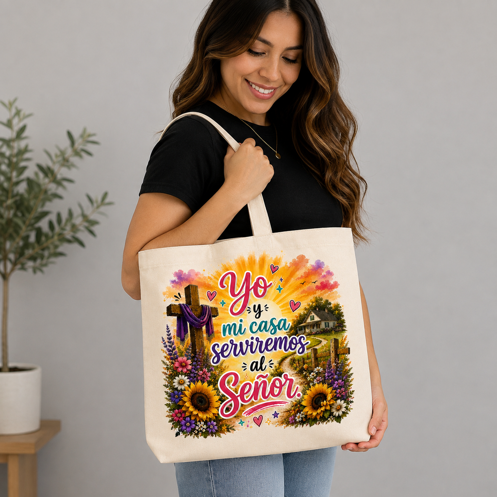 Bolso Tote Cristiano | “Yo y Mi Casa Serviremos al Señor” | Disponible en Español e Inglés | Bolsa de Lona Cristiana