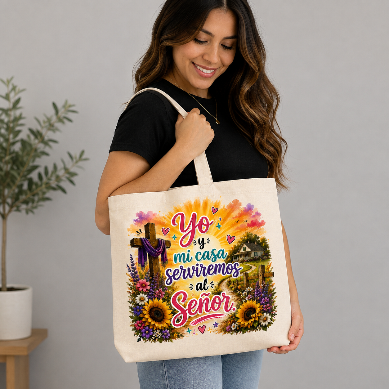 Bolso Tote Cristiano | “Yo y Mi Casa Serviremos al Señor” | Disponible en Español e Inglés | Bolsa de Lona Cristiana