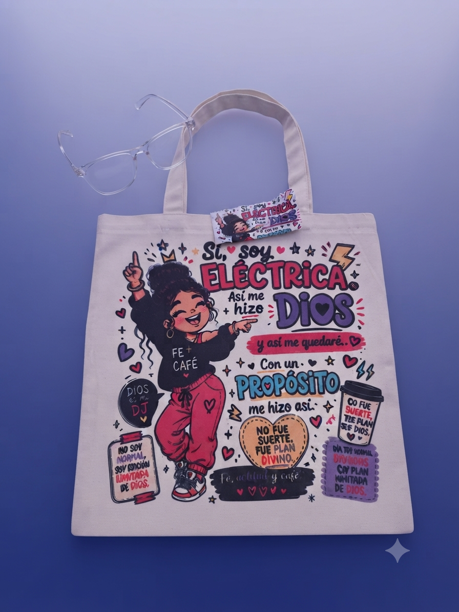 Bolsa Tote Cristiana “Sí, Soy Eléctrica” + Gratis Paño Limpia Lentes a Juego GRATIS | Holy Chosen Store